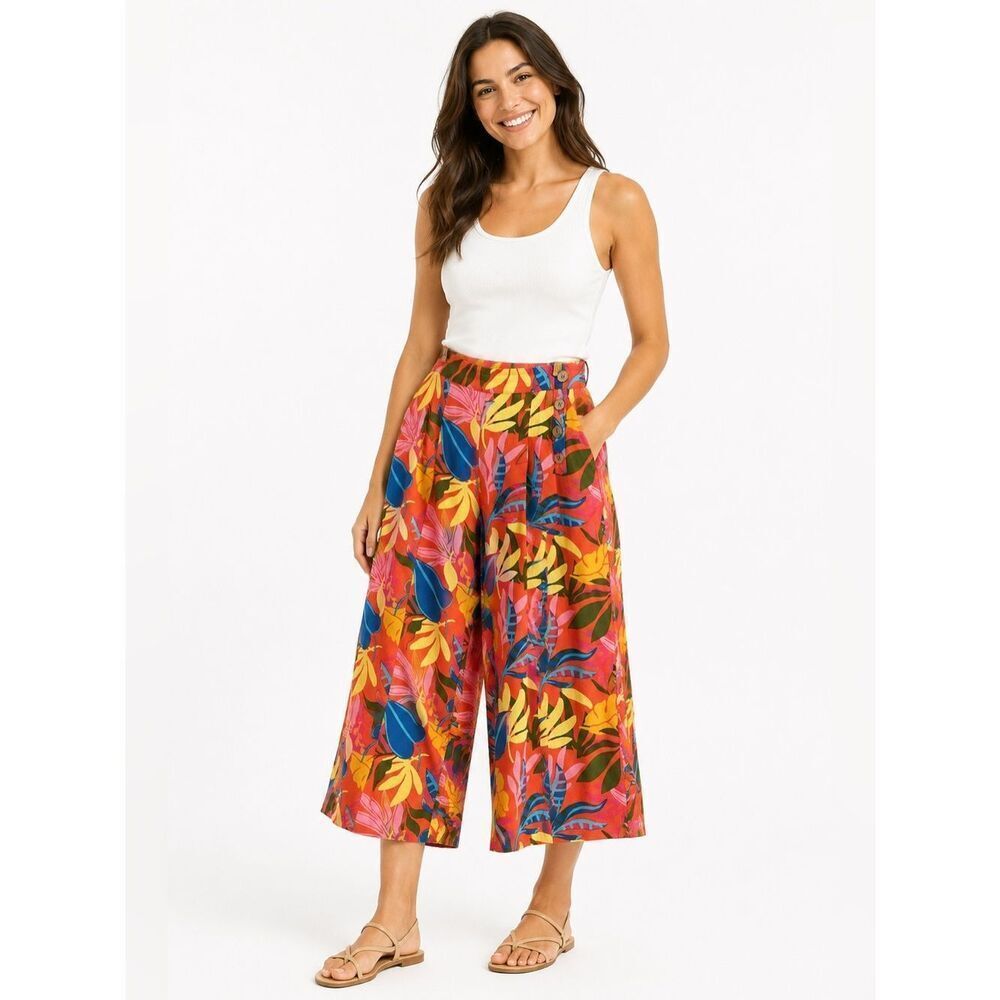 Calligraph Tropical Linen Blend Wide Leg Cropped Pants M Resort Anthro Boho